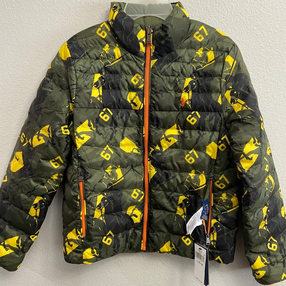 Polo Ralph Lauren Boys L(14) Reversible Puffer Jacket Green Camo 67 Print Zip Up